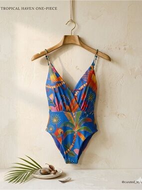 Farm Rio Macaw Party One Piece Swimsuit Large Blue Plunge NWT
